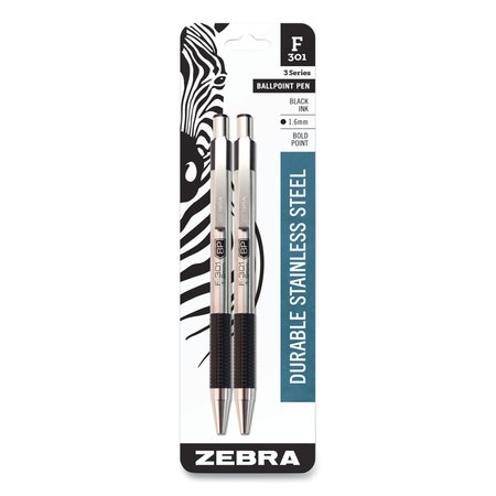 Zebra Pen F-301 Ballpoint Pen, Retractable, Bold 1.6 mm, Black Ink, Stainless Steel/Black Barrel, 2PK 27312